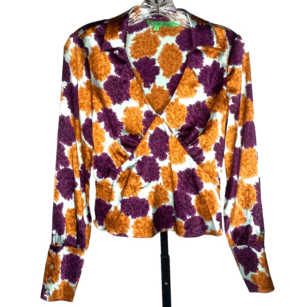 TIBI Floral orange purple blouse Top coquette all Silk V-Neck long sleeve Size 4